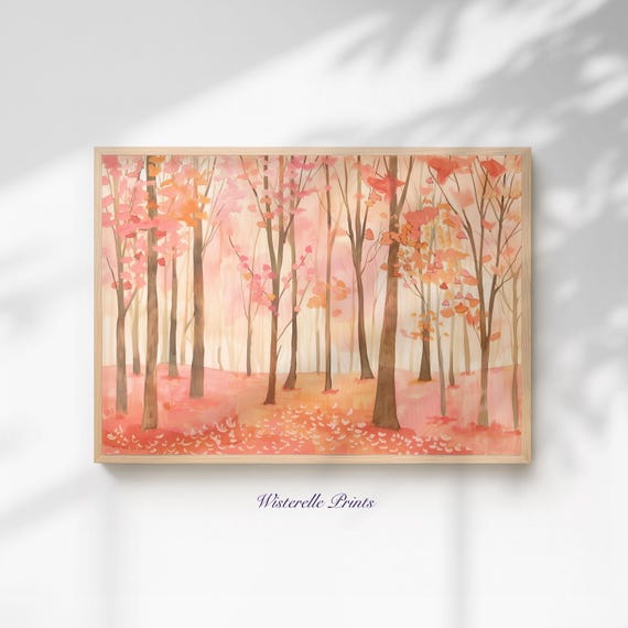 Autumn Forest Landscape Print Cozy Orange Pastel Preppy Art