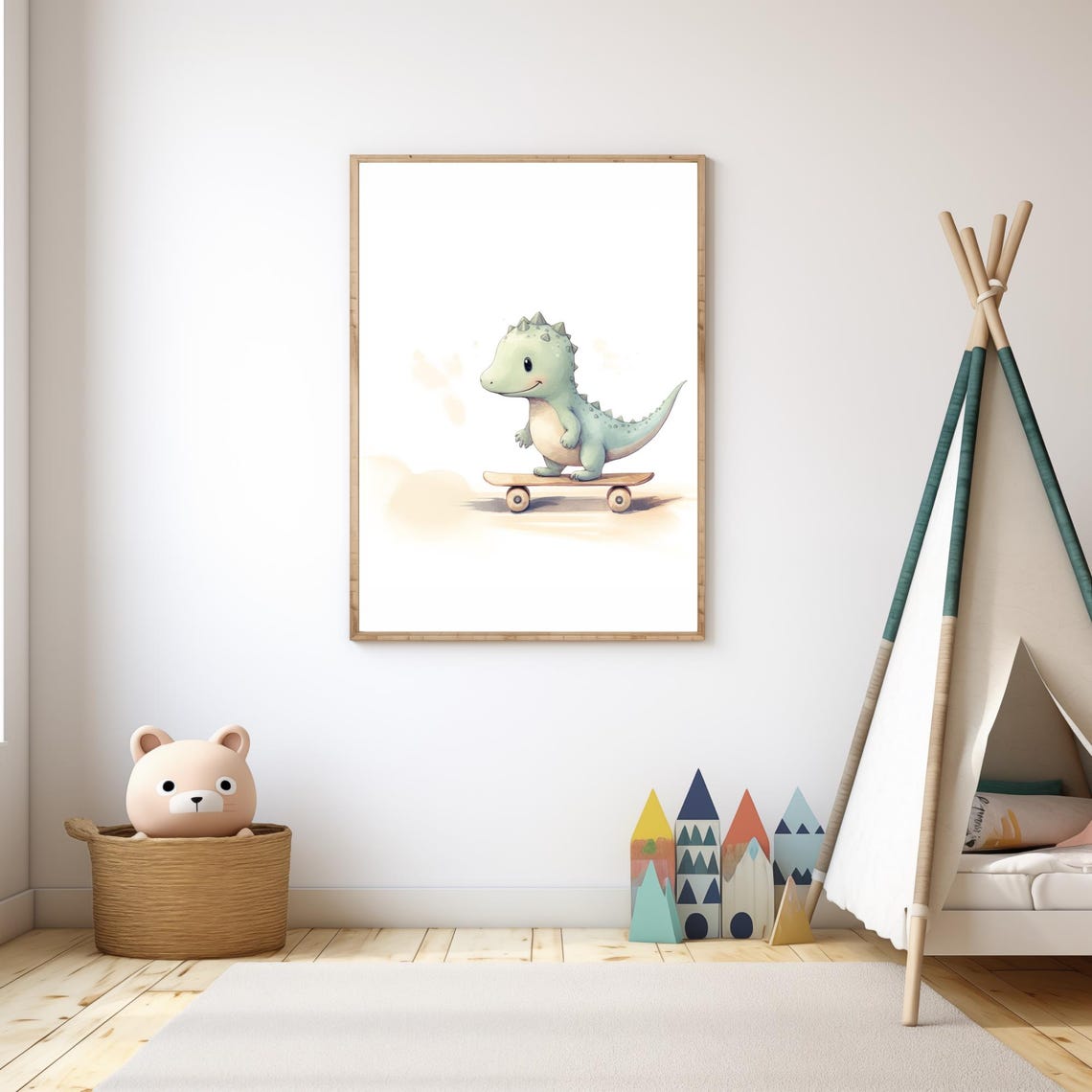 Cute Baby Dinosaur Skateboard Watercolor Kids Room Decor Wall Art - Image 3