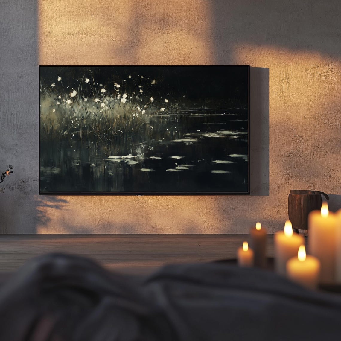 Moody Wildflowers Night Lake Botanical Painting Frame TV Poster - Image 3