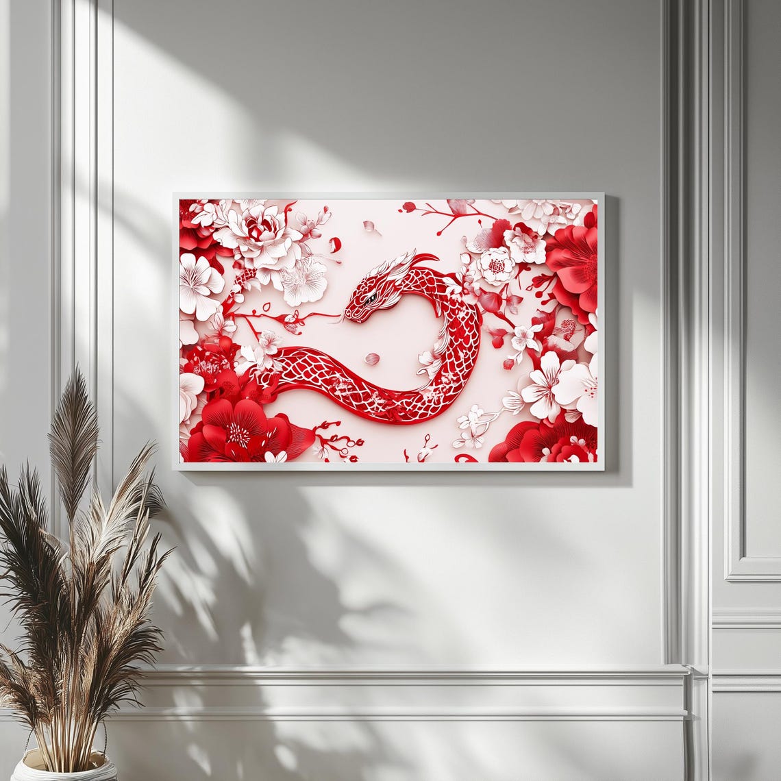 Red Papercut Snake Peonies Lunar New Year Art Frame TV Poster - Image 4