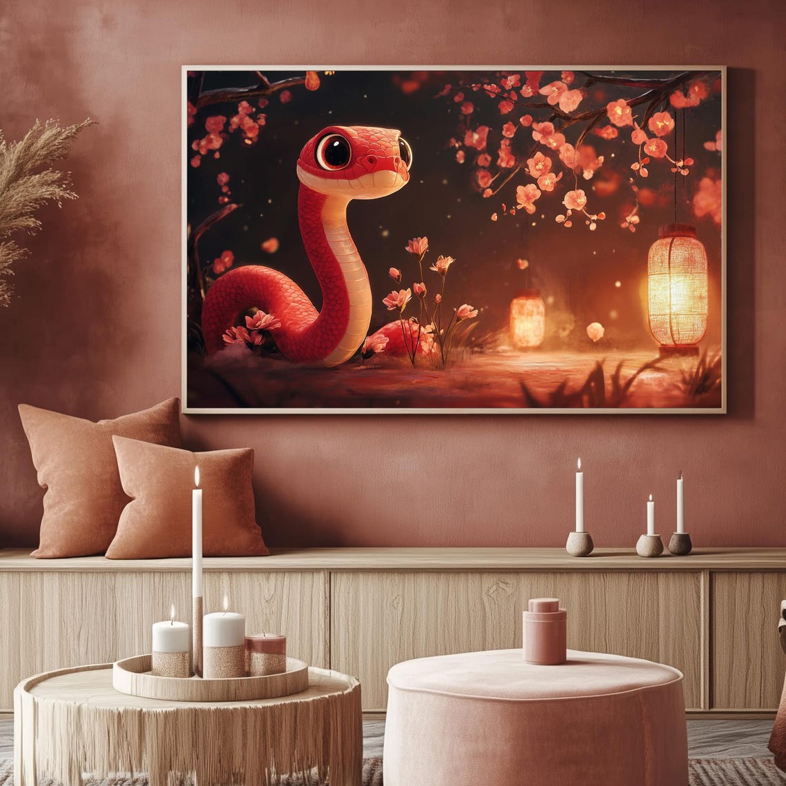 Cute Red Snake Cherry Blossoms Lanterns Lunar New Year TV Poster - Image 2