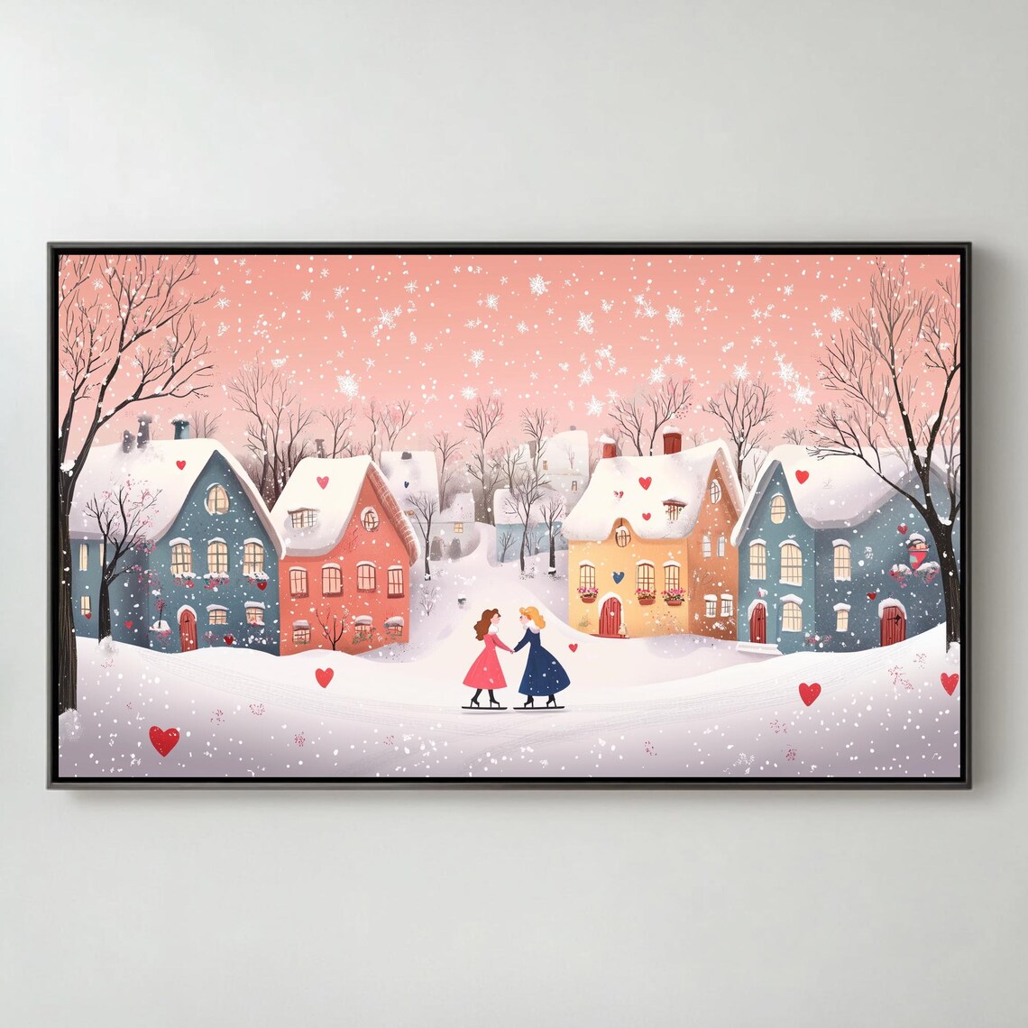 Couple Ice Skating Snowy Village Hearts Valentines Day Art TV Poster