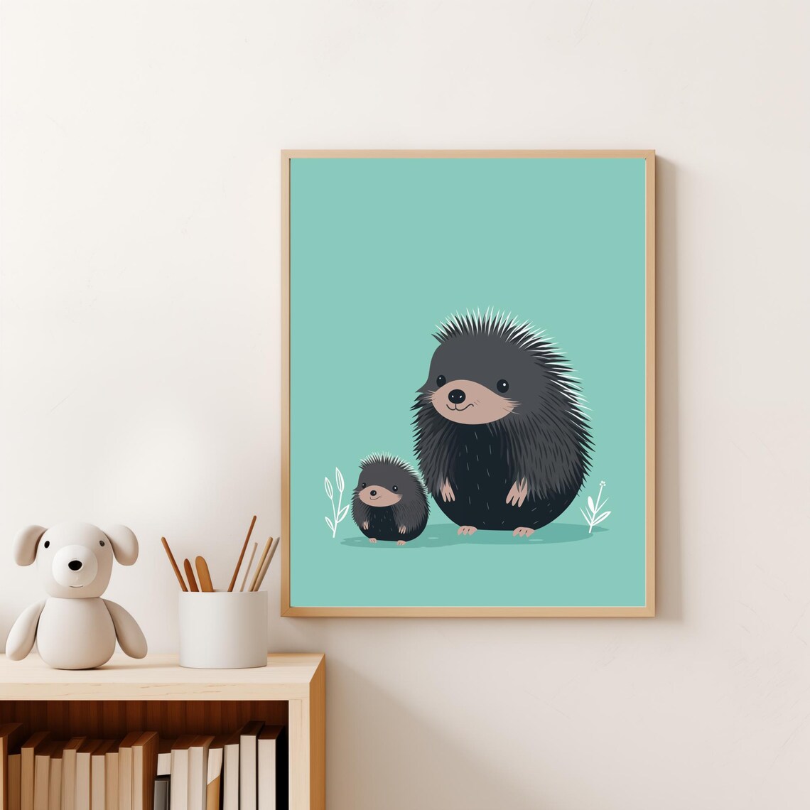 Mommy And Baby Porcupine Together Mint Green Nursery Wall Art