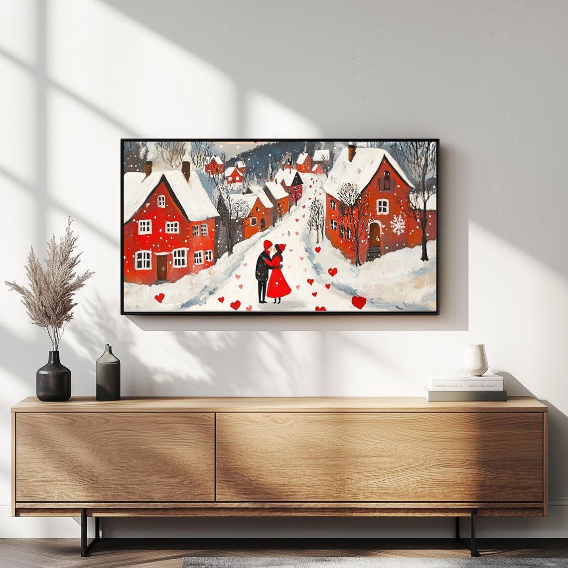 Snowy Village Couple Embrace Red Hearts Winter Romance Painting Print - Image 5