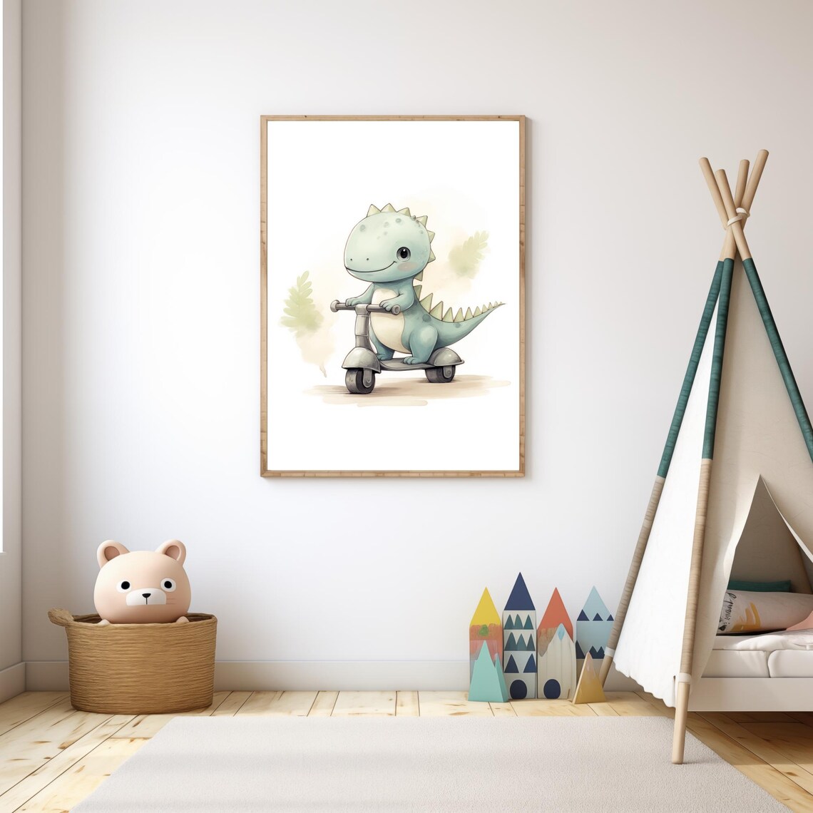 Baby Dinosaur Riding Kick Scooter Cute Watercolor Nursery Wall Art - Image 4