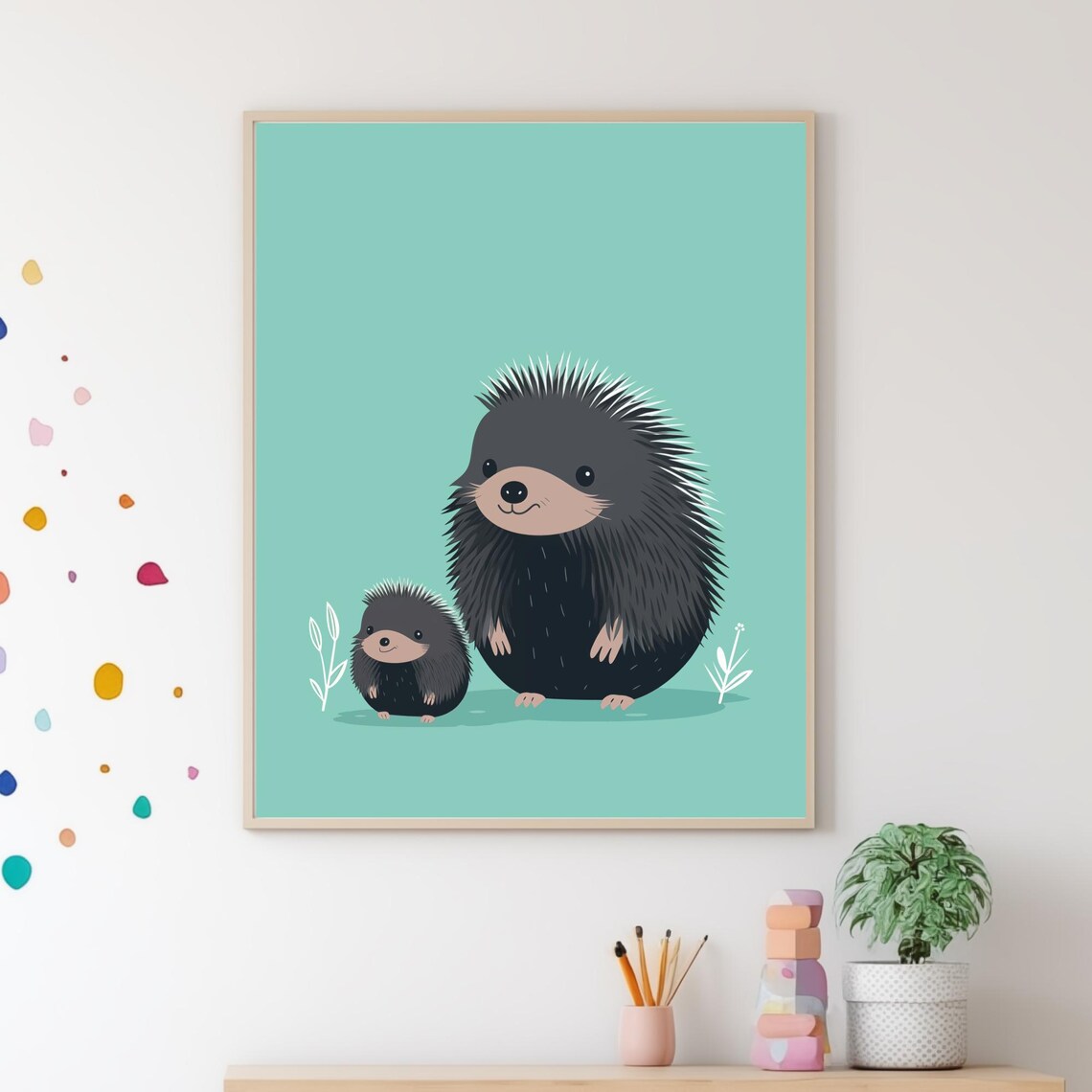 Mommy And Baby Porcupine Together Mint Green Nursery Wall Art - Image 5
