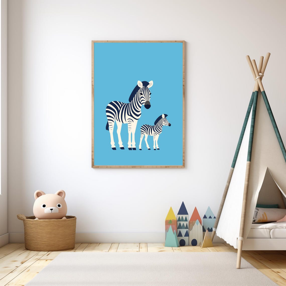 Mommy And Baby Zebra Standing Blue Background Nursery Wall Art - Image 3