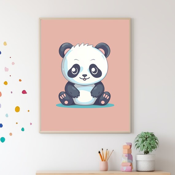 Cute Baby Panda Cartoon Pink Nursery Kids Room Decor Wall Poster