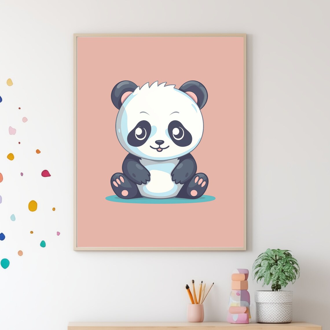 Cute Baby Panda Cartoon Pink Nursery Kids Room Decor Wall Poster