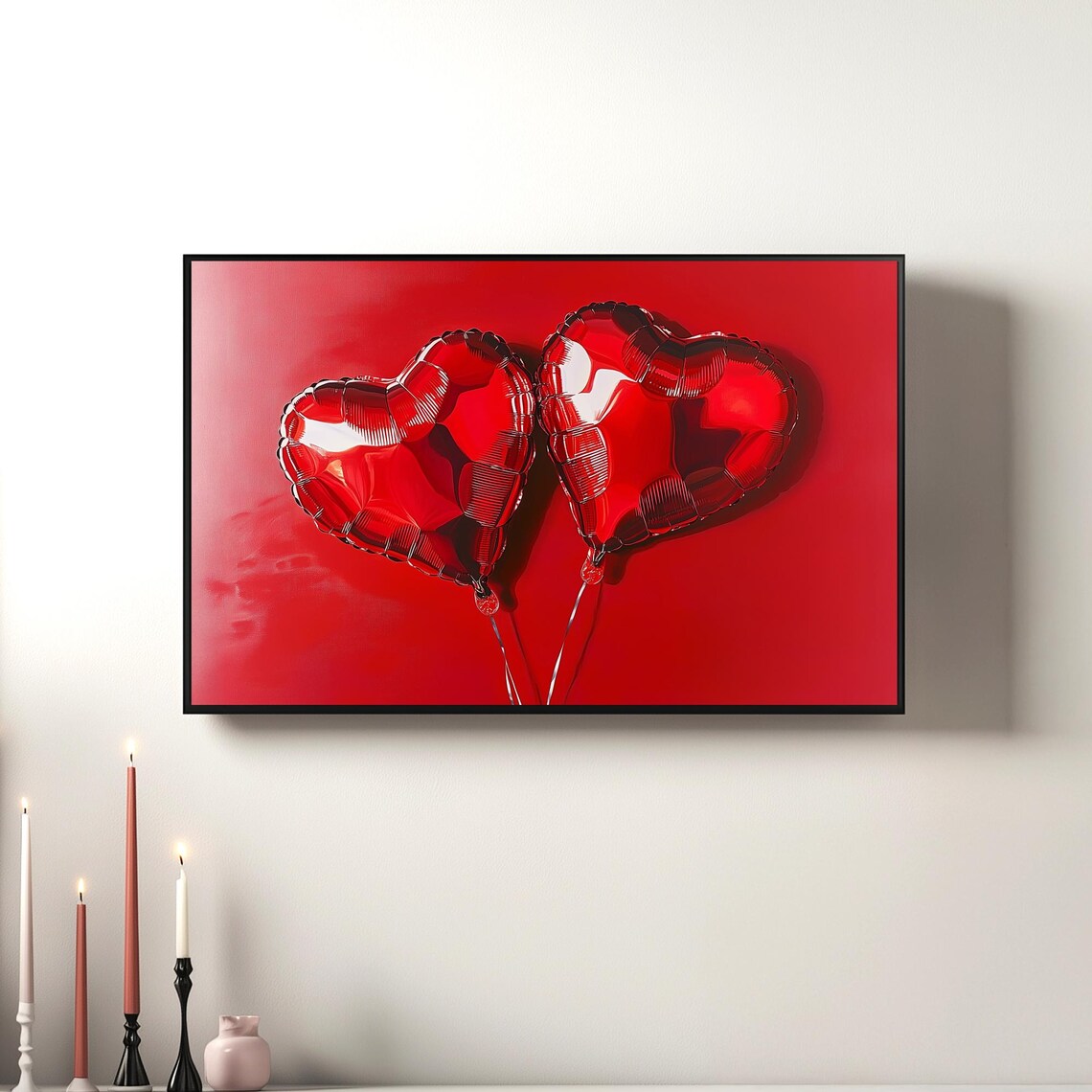 Red Heart Foil Balloons Valentines Day Romantic Art Frame TV Poster