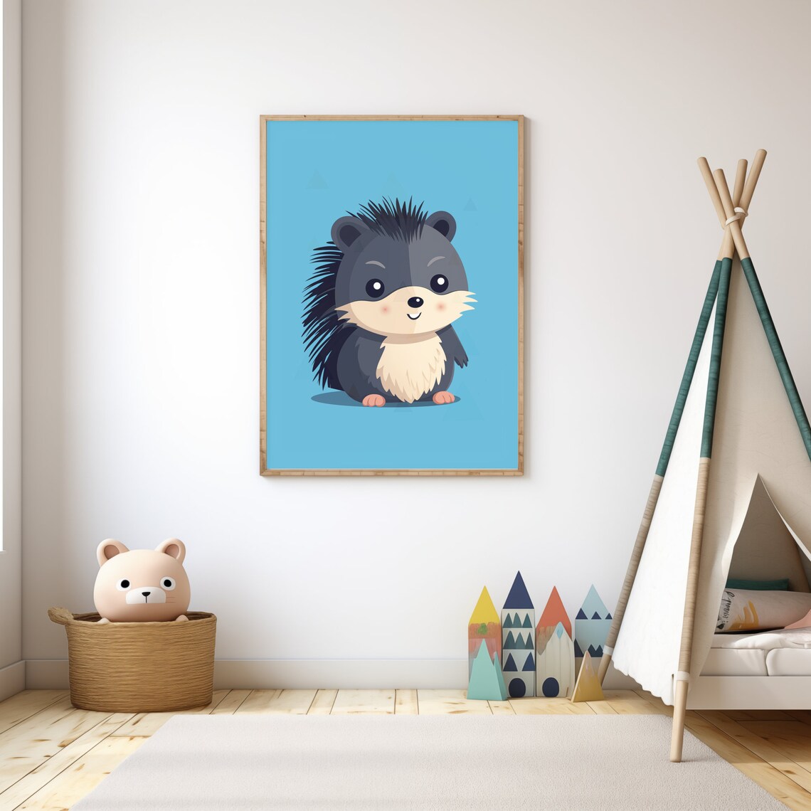 Cute Baby Hedgehog Cartoon Blue Nursery Kids Room Decor Wall Poster - Image 3