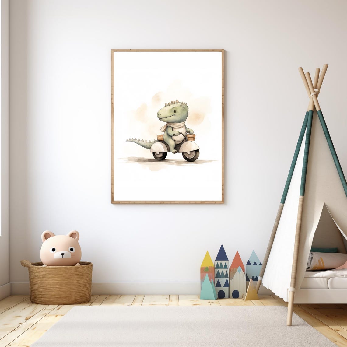 Baby Dinosaur Riding White Scooter With Basket Nursery Wall Art - Image 3