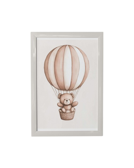 Teddy Bear in Neutral Hot Air Balloon Watercolor Nursery Print
