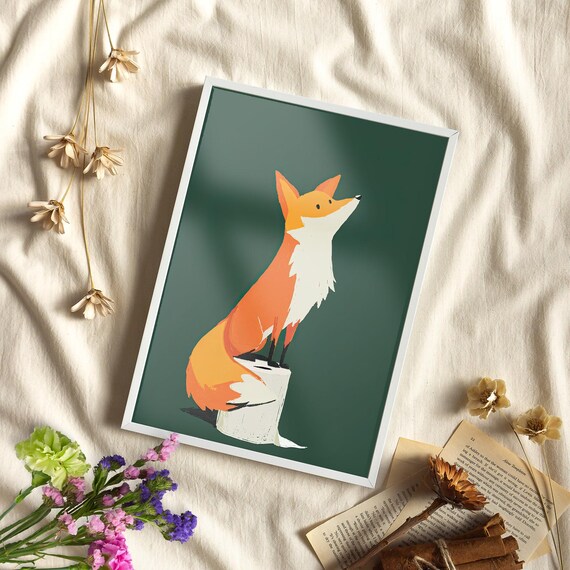 Funny Fox Standing on Toilet Paper Roll Dark Green Nursery Poster