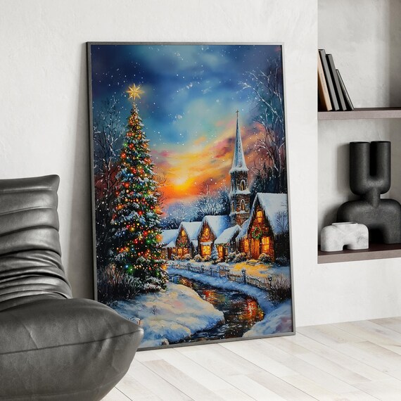 Christmas Village Sunset Church Snowy Cottages Painting Wall Art