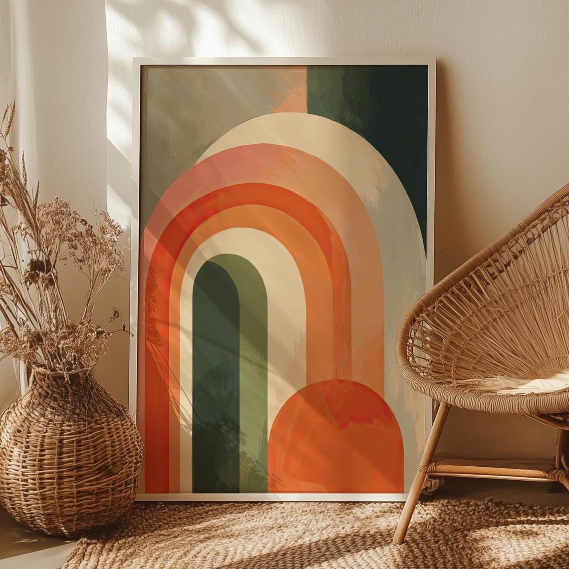 Mid Century Boho Arch Print Poster Or Canvas Terracotta Green Wall Art Abstract Geometric Shapes Minimalist Modern Home Decor