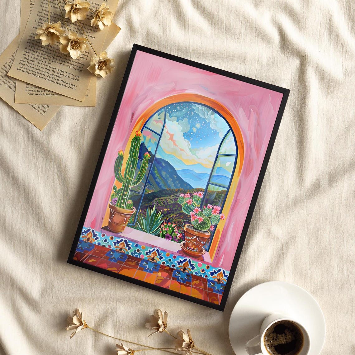 Mexican Flowering Cacti On The Window Sill Painting Poster Or Canvas Print Cactus In Pot Whimsical Botanical Art