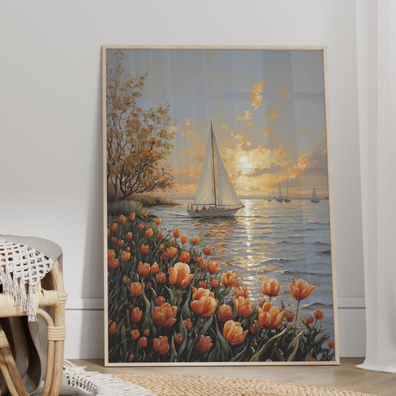 Sailing Boat Floral Oil Painting Poster Or Canvas Print Realistic Tulips Coastal Art Sunset Sunrise Botanical Wall Decor