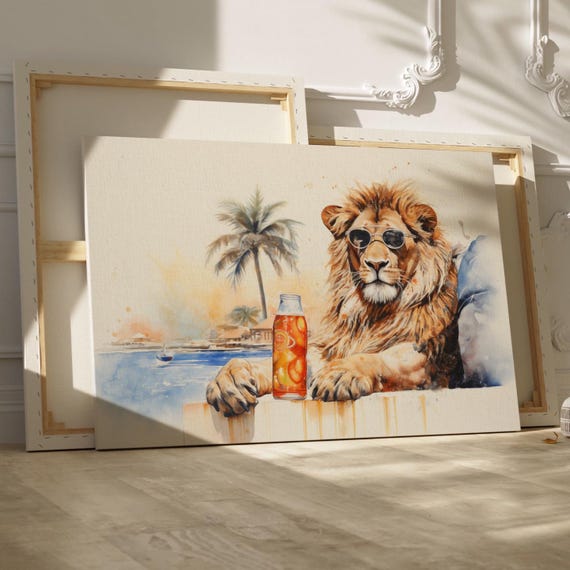 Rustic And Vintage Funny Whimsical Lion On The Beach Wall Art Print Or Canvas Cool Animal Decor Alcohol Ink Style Poster