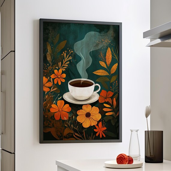Autumn Coffee Cup Illustration Poster Or Canvas Print Rero Floral Botanical Wall Art Vintage Tea Cozy Kitchen Decor