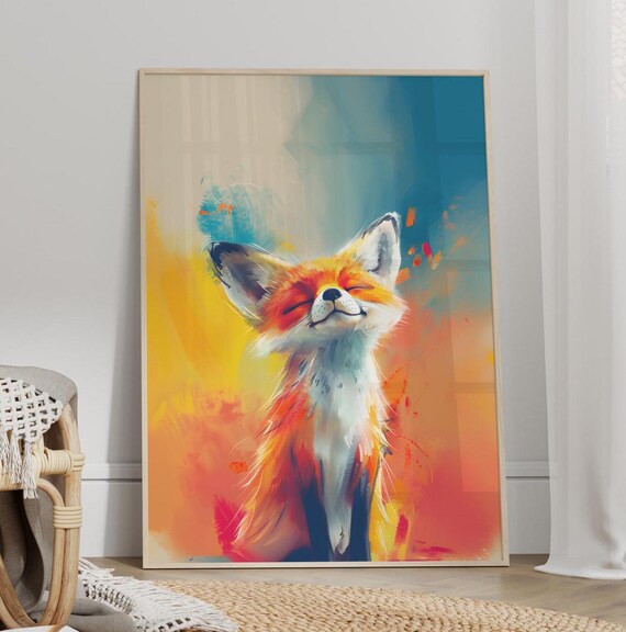 Colorful Happy Fox Watercolor Whimsical Nursery Animal Poster
