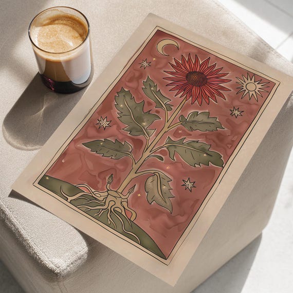 Flower Sun And Moon Earthy Tones Floral Folk Art Poster Or Canvas Print Bohemian Nature Botanical Illustration