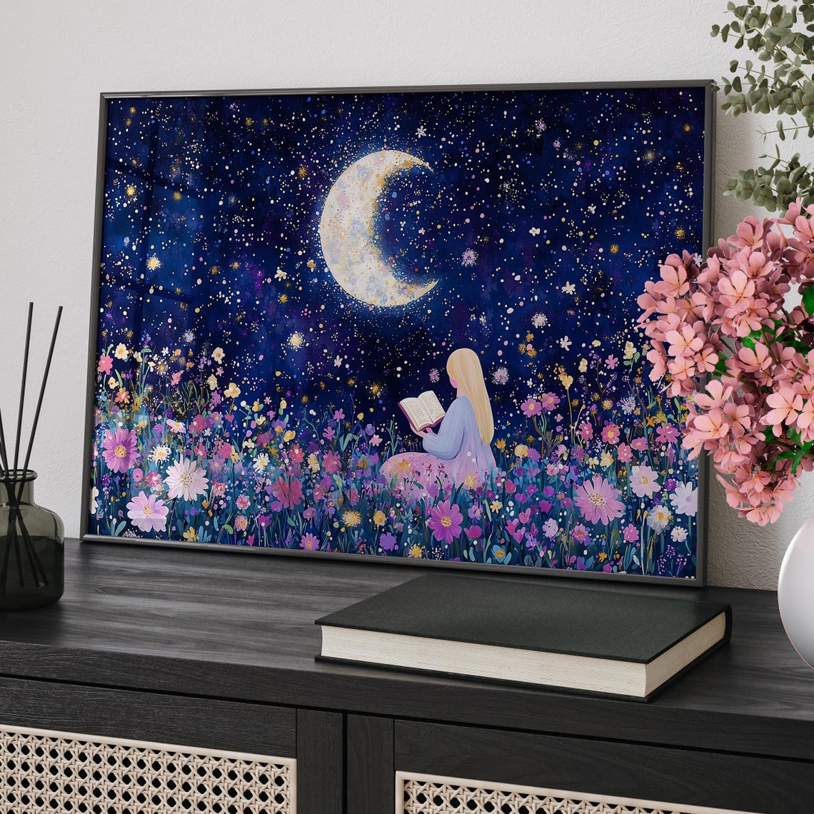 Girl Reading Under Crescent Moon Starry Night Flower Meadow Art Print - Image 4