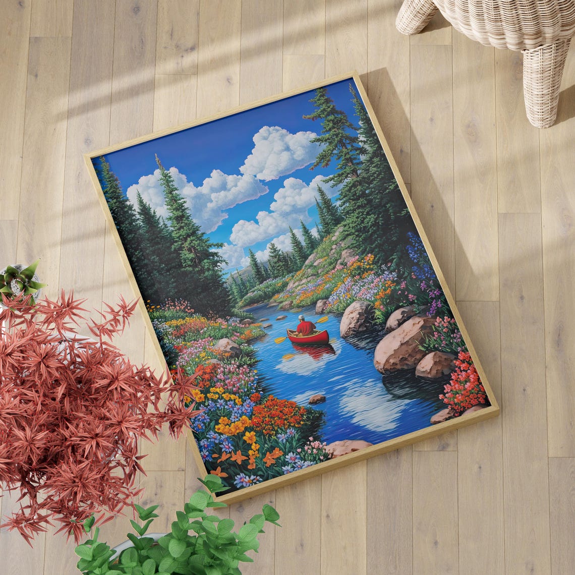 Man Canoeing Red Canoe on Wildflower Creek Pine Forest Lake Art Poster