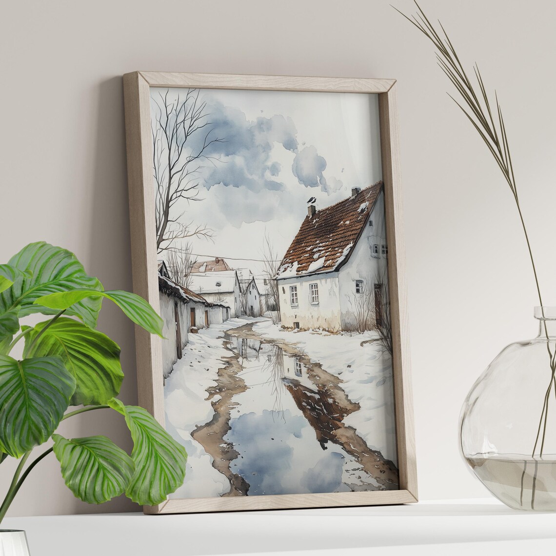 Snowy Small Town Street Watercolor Melting Snow Village Lane Art Print - Image 4