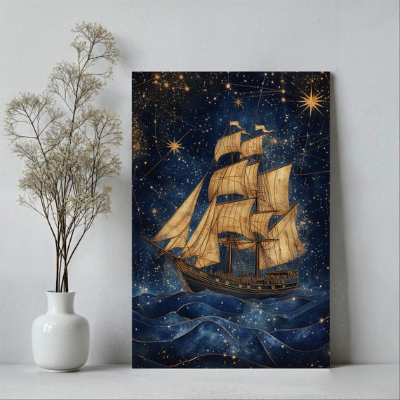 Ancient Sailing Ship In The Sea Of Stars Poster Or Canvas Print Celestial Vintage Pirate Blue And Gold Nautical Art Wall Decor