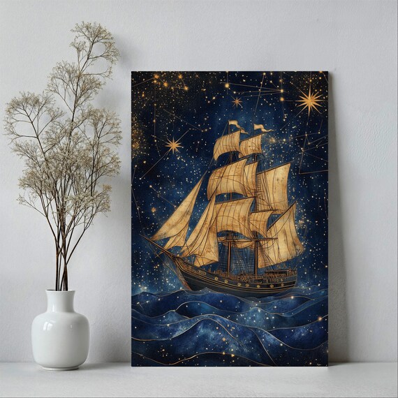 Celestial Sailing Ship Starry Night Gold and Navy Nautical Art Poster