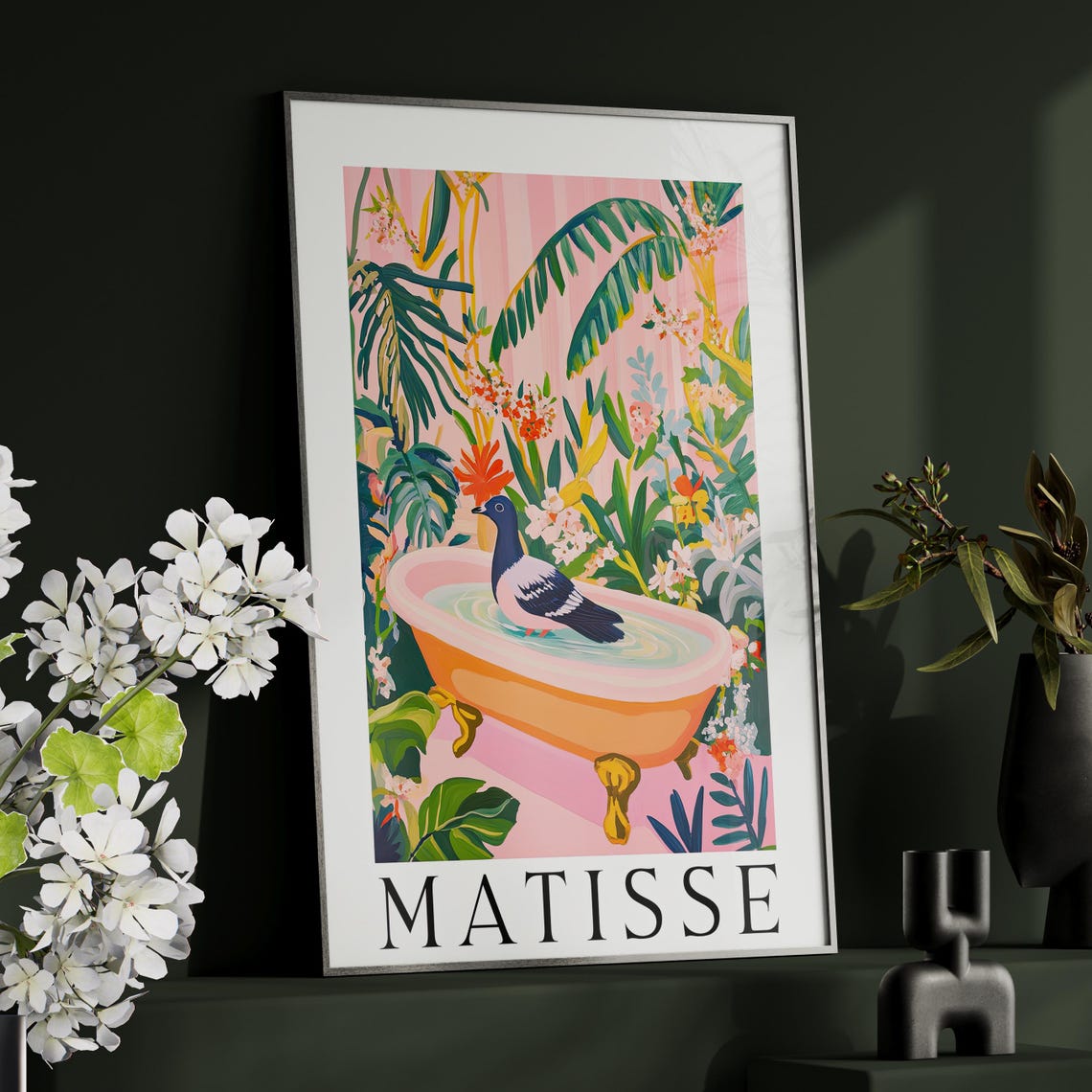 Matisse Style Pigeon in Bathtub Tropical Maximalist Art Poster