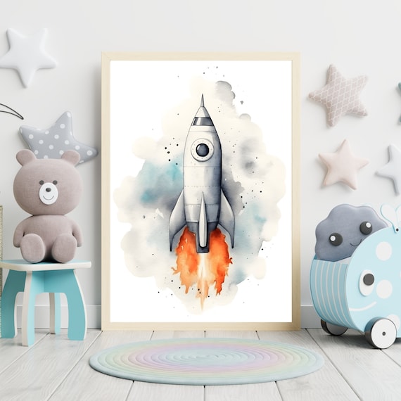Nursery Decor Rocket Into Space Theme Wall Art Or Canvas Poster Watercolor Print Outer