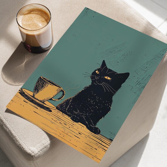 Black Cat With Coffee Illustration Vintage Art Poster Or Canvas Print Kitchen Wall Decor Minimalist