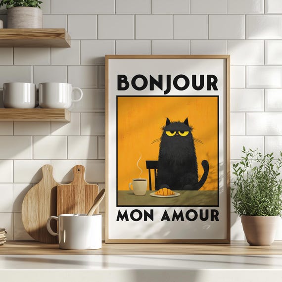 Bonjour Mon Amour Black Cat Art Print Poster Or Canvas Chat Noir Funny Retro Kitchen Wall French Breakfast Decor Lover Gift