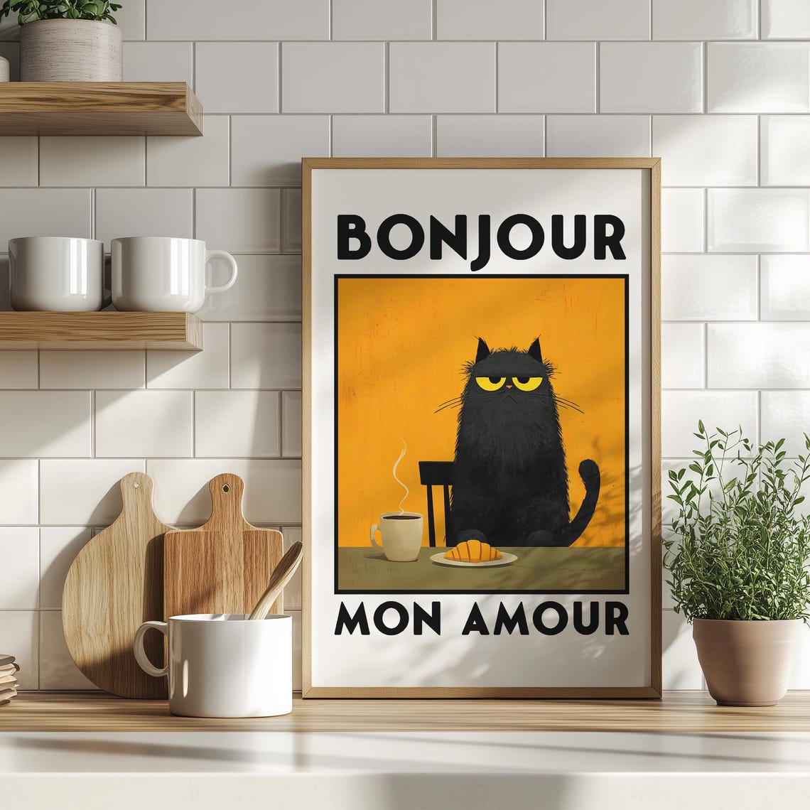 Bonjour Mon Amour Funny Black Cat Retro French Kitchen Poster