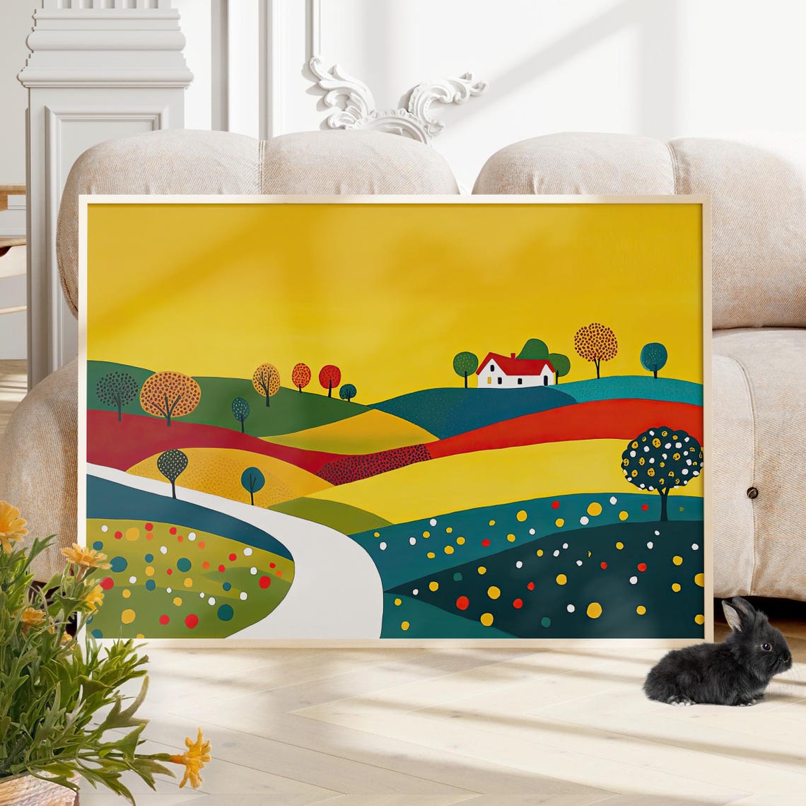 Whimsical Colorful Folk Art Country Landscape Rolling Hills Poster