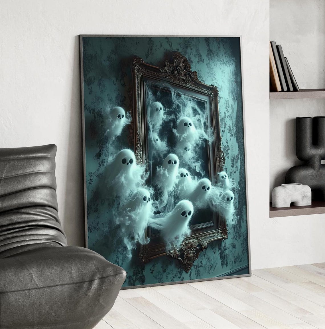 Cute Ghosts Emerging From Mirror Haunted Mansion Halloween Poster