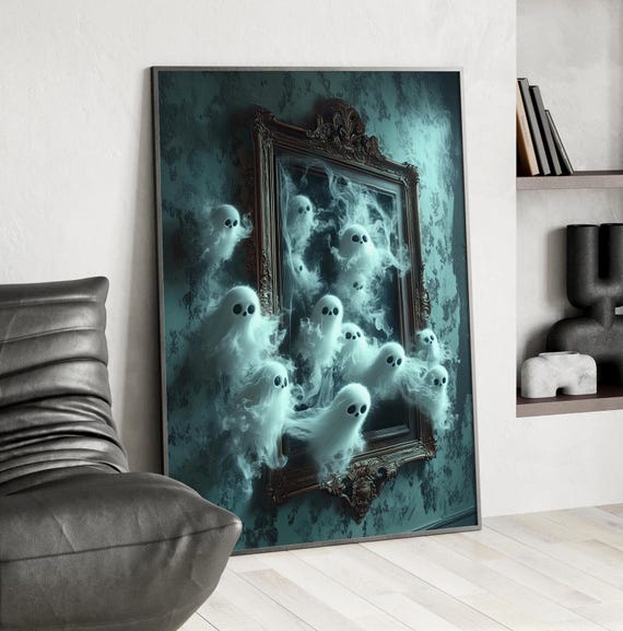 Whimsical Ghosts In Mirror Art Or Canvas Print Cute Halloween Decor Spooky Whimsigoth Wall Dark Academia Haunted Mansion Style Gothic