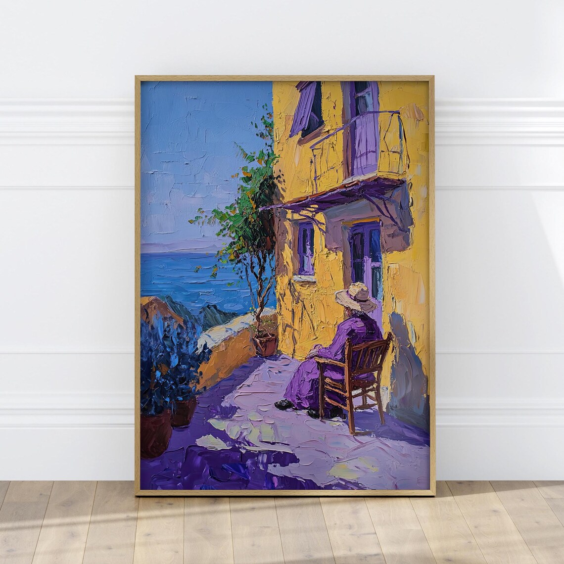 Seated Woman On Terrace By Yellow House Seaside Impressionist Poster