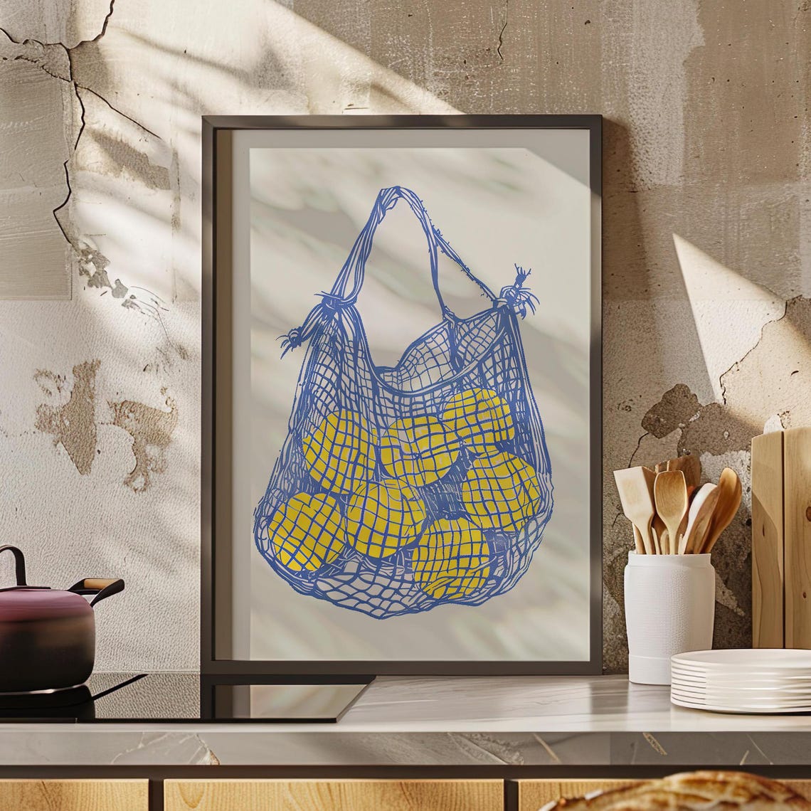 Lemons in Blue Mesh Market Bag Minimalist Kitchen Wall Poster