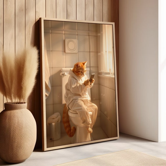 Whimsical Orange Tabby Cat On Toilet With Phone Poster Or Canvas Print Realistic Style Humorous Art Funny Bathroom Decor