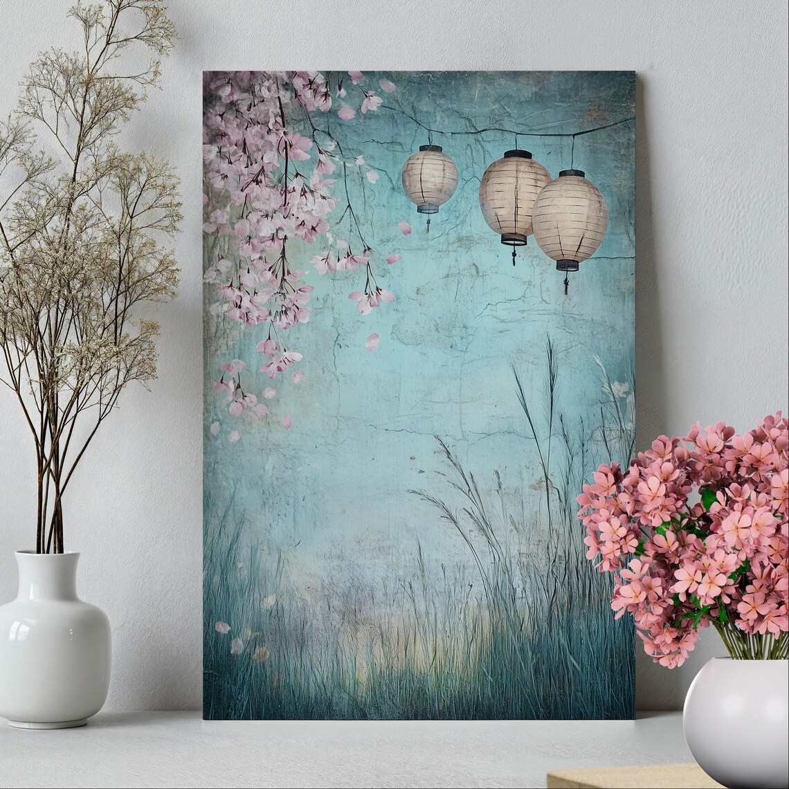 Japanese Paper Lanterns Cherry Blossom Vintage Painting Art Print - Image 2