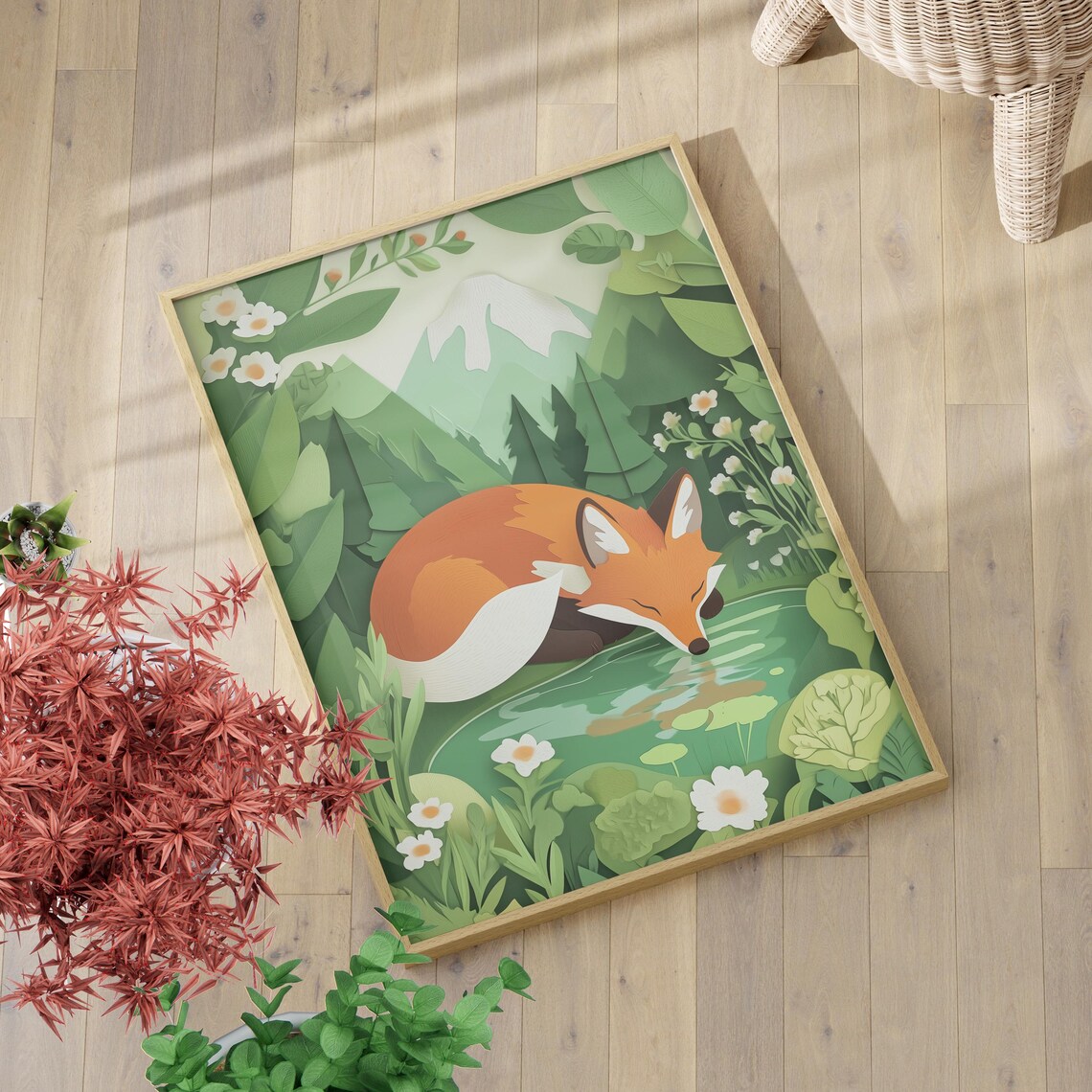 Whimsical Woodland Red Fox Drinking At Forest Pond Layered Paper Cut Art Poster - Image 4