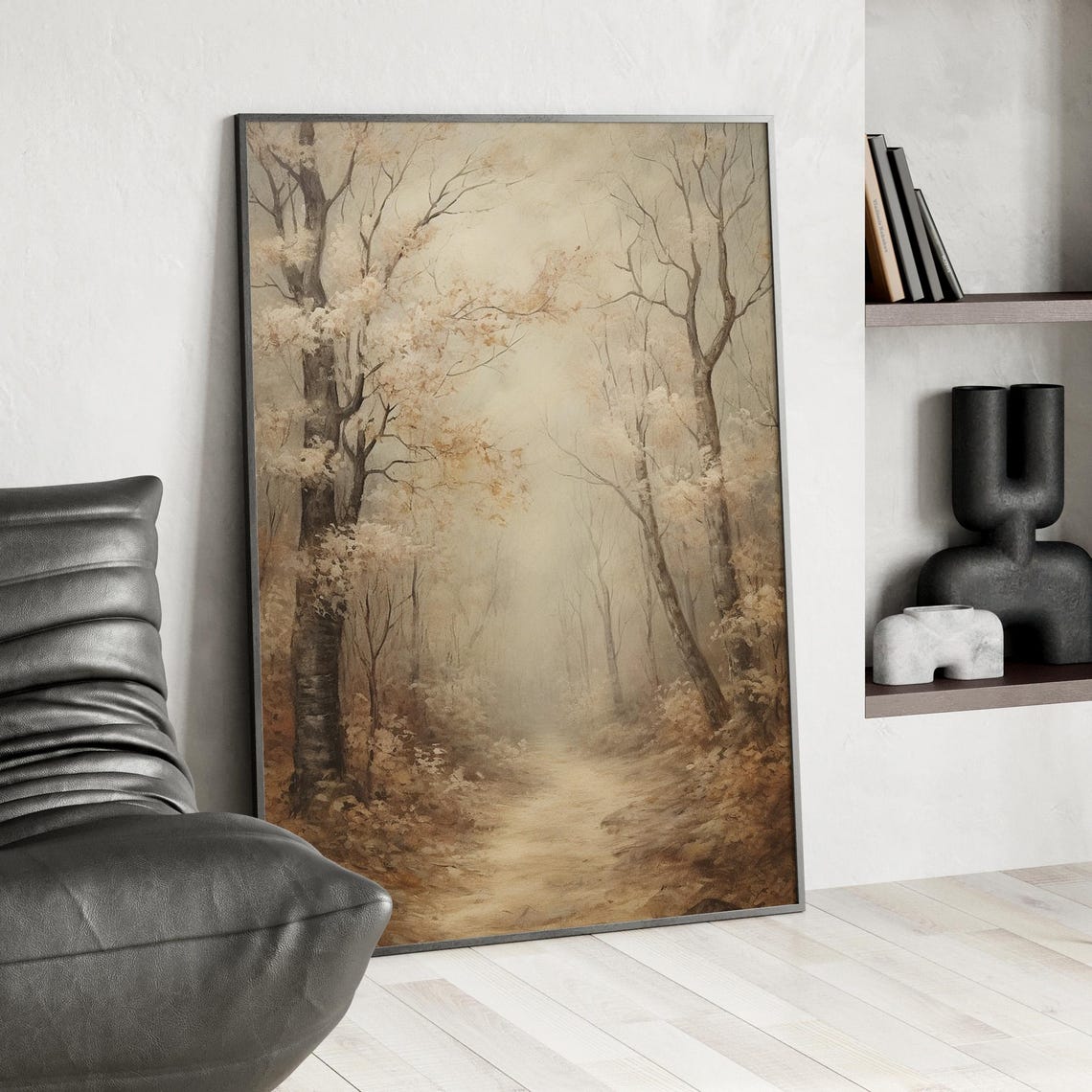 Misty Autumn Forest Path Vintage Neutral Tones Nature Art Poster