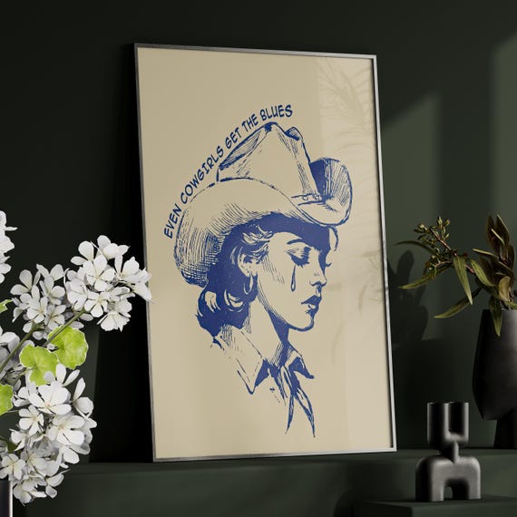 Even Cowgirls Get The Blues Wall Art Poster Or Canvas Print Retro Western Cowgirl Minimalist Line Drawing Preppy Home Decor