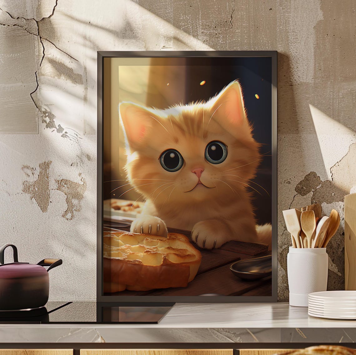 Adorable Ginger Kitten with Bread Whimsical Kitchen Decor Poster