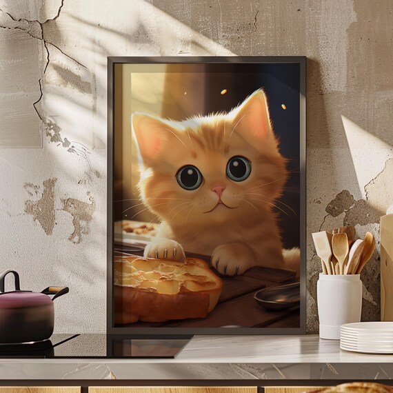 Adorable Ginger Kitten with Bread Whimsical Kitchen Decor Poster