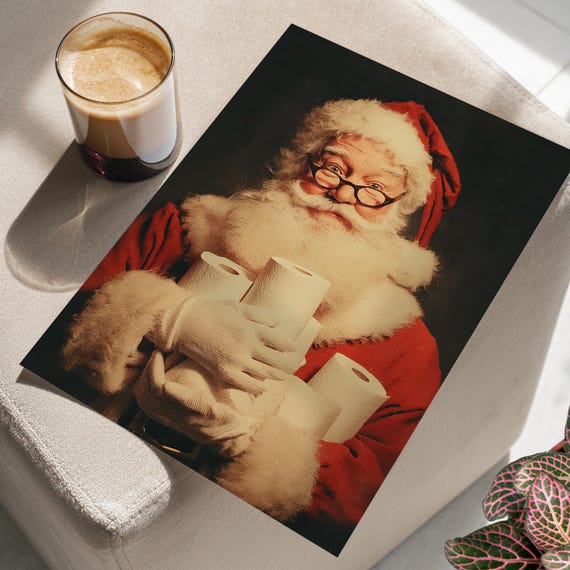 Retro Santa Holding Toilet Papers Painting Poster Or Canvas Print Funny Bathroom Art Rolls Vintage Humorous Wall Decor