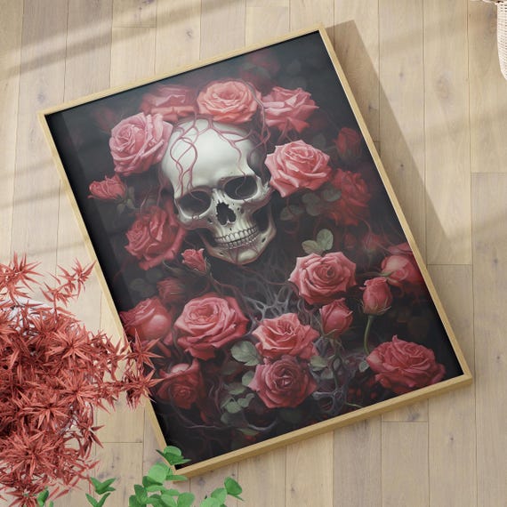 Whimsigoth Woman Skull Lied In Bed Of Roses Wall Art Print Or Canvas Dark Academia Botanical Renaissance Painting Decor Poster